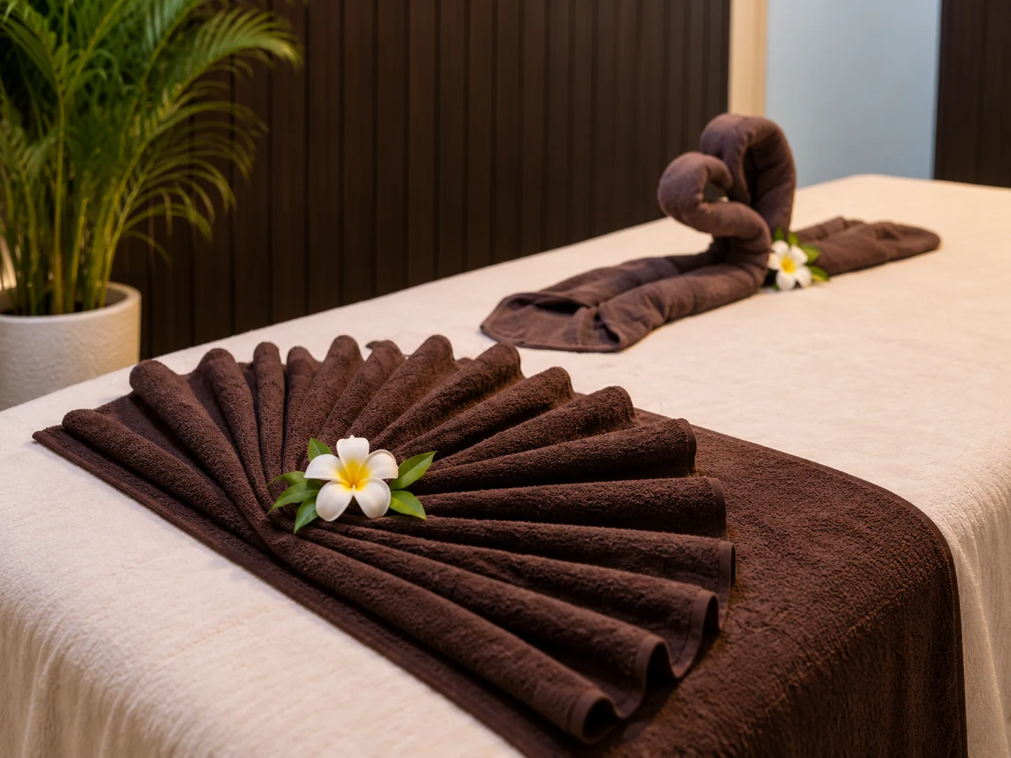 Close view of the prepared Ojas massage bed with folded brown towels.