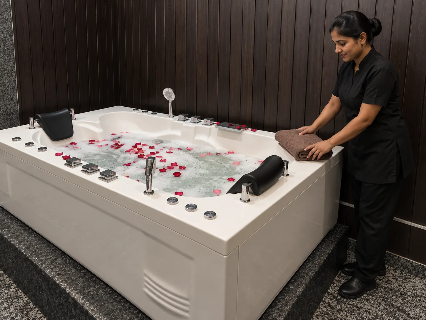 Illustrative scene of a spa attendant preparing the Jacuzzi.