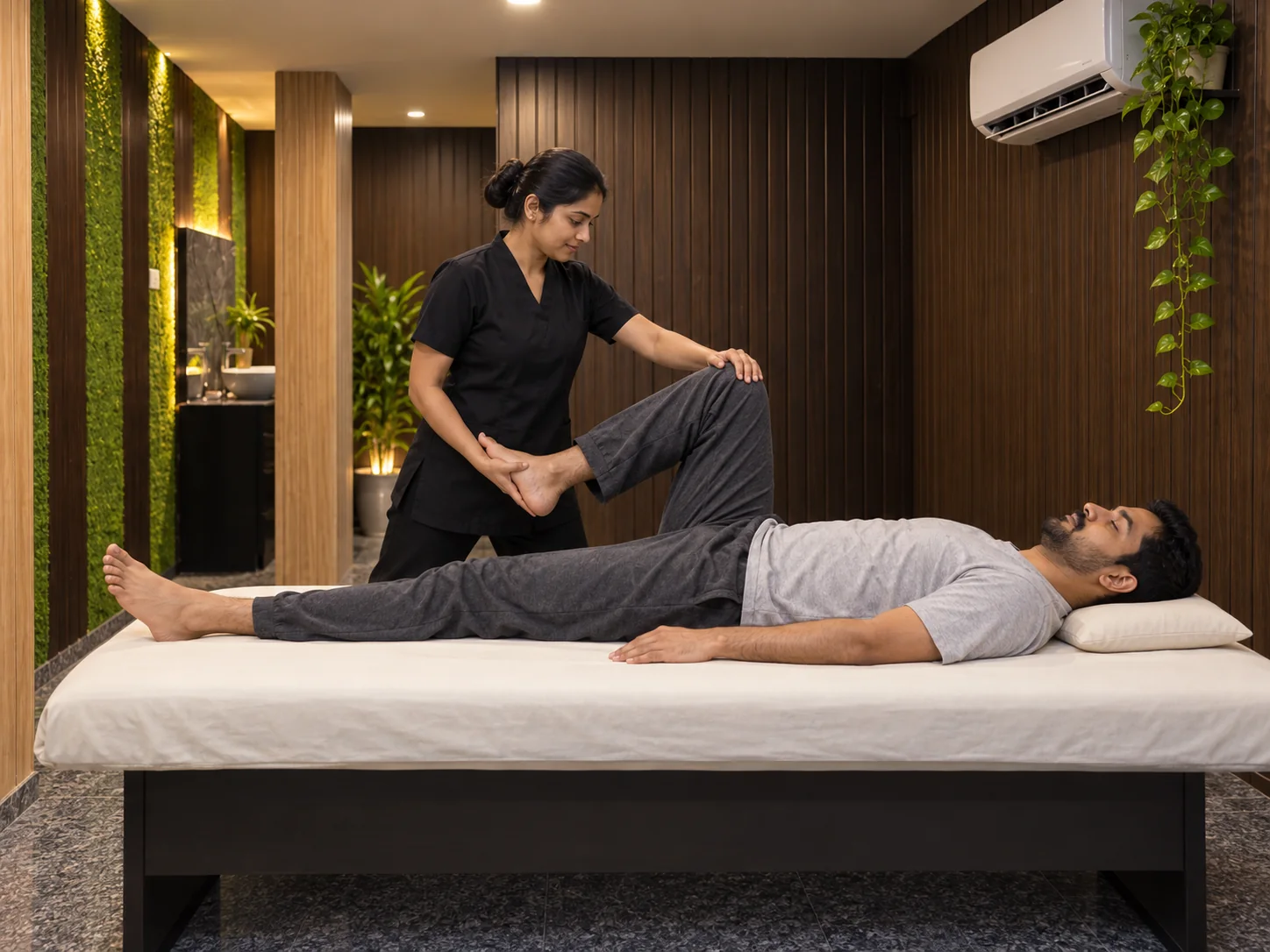 Illustrative scene of a fully clothed guest receiving an assisted leg stretch.